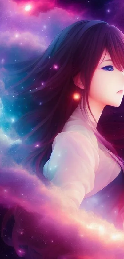 Anime girl in a vibrant mystical galaxy setting with cosmic colors.