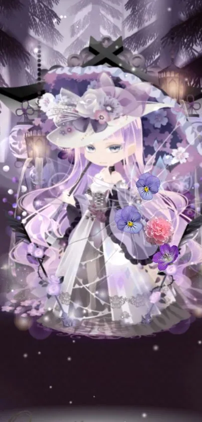 Ethereal anime character with purple hues and floral accents.