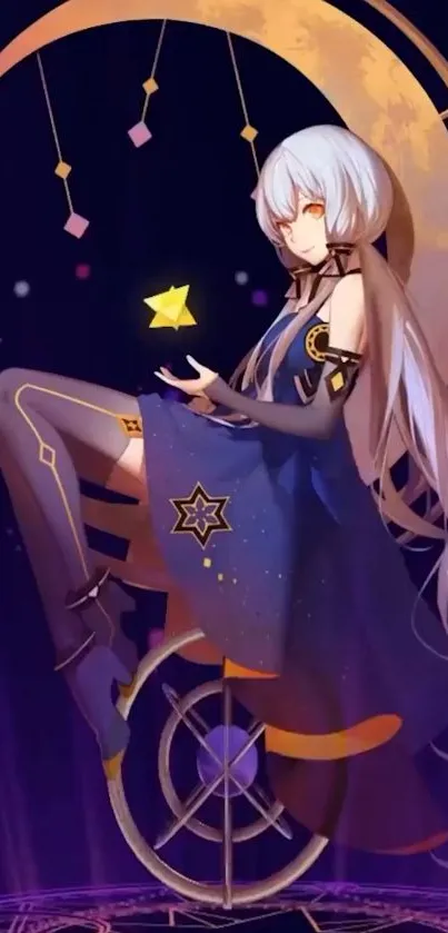 Anime girl holding a star with a mystical purple background.
