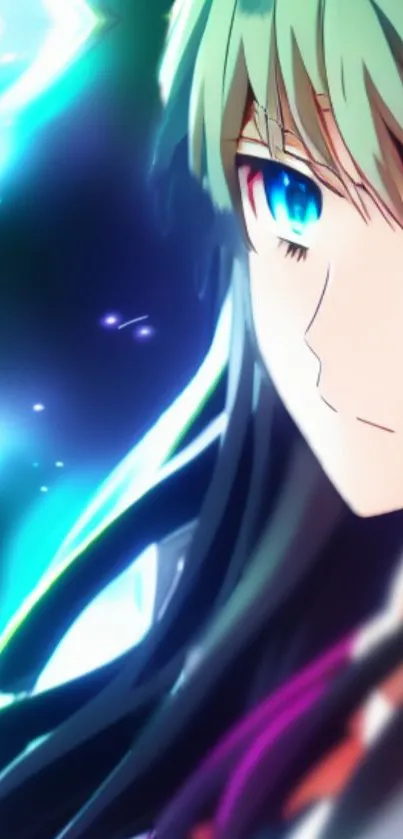 Enchanting anime girl with turquoise aura.