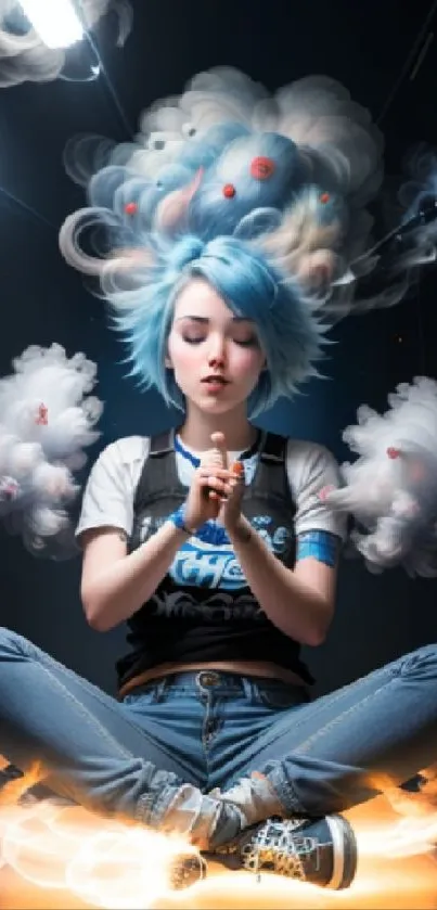 Anime girl with blue hair surrounded by mystical clouds.