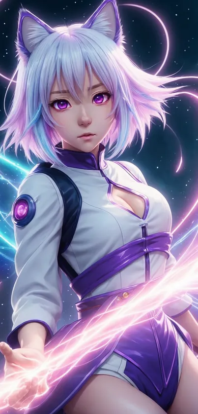 Mobile wallpaper of a mystical anime girl with purple accents.