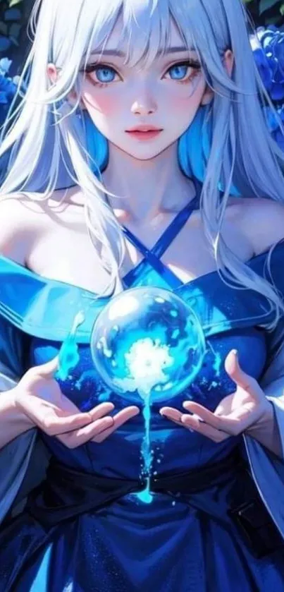 Mystical anime girl holding a glowing blue orb.