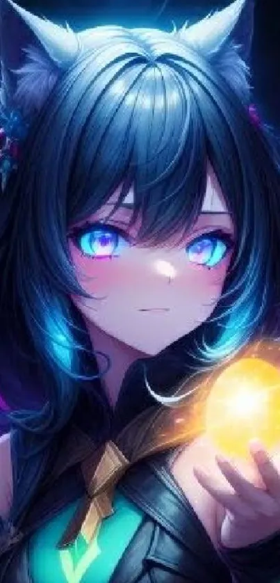 Anime girl holding a glowing orb with vibrant colors.