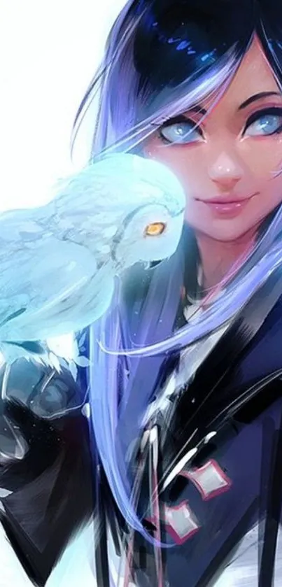 Anime girl with blue eyes and hair, holding an owl.