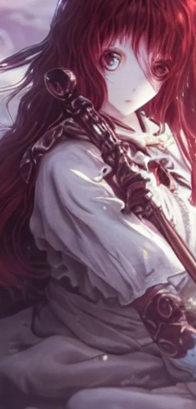 Anime girl with red hair holding a mystical staff. Fantasy wallpaper.