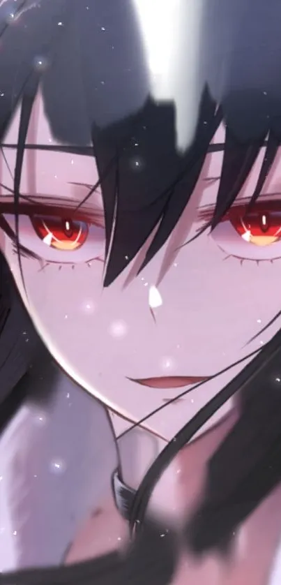 Anime girl with red eyes and black hair in a mystical fantasy setting.