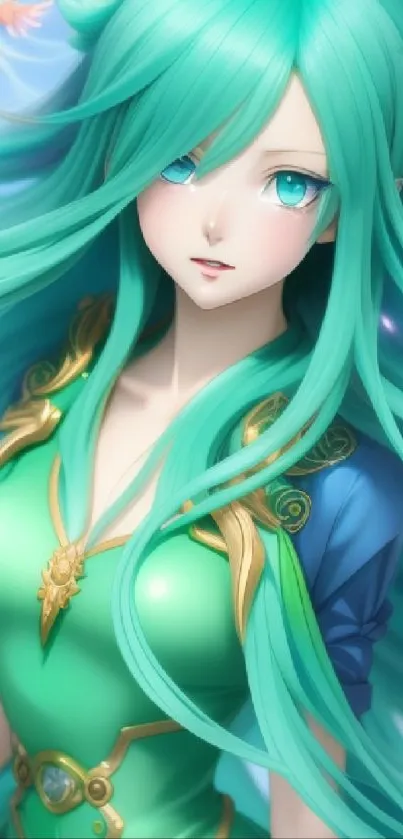 Anime girl with teal hair and dress, fantasy vibe.