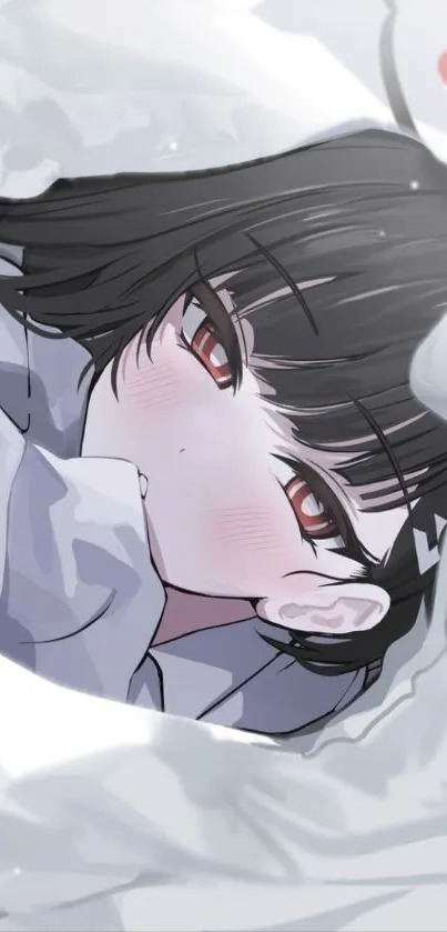 Close-up of a mystical anime girl with dark hair and serene expression.