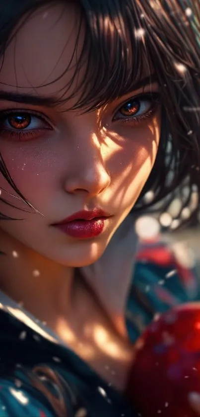 Anime girl with dark hair holds a red apple.