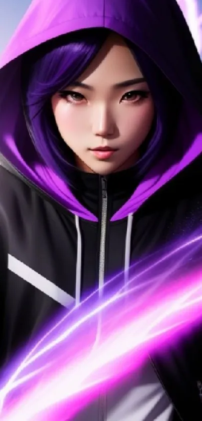 Anime girl with purple hoodie and pink aura, digital art.