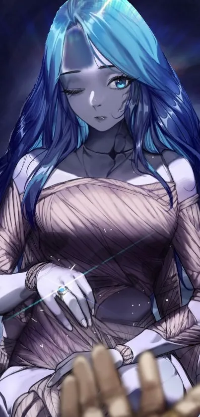 Mystical anime girl with blue hair in a captivating design.