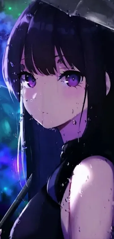 Anime girl under umbrella in a mystical, colorful setting with purple eyes.