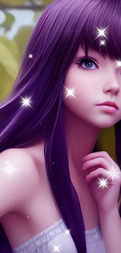 Mystical anime girl with purple hair amid nature setting.