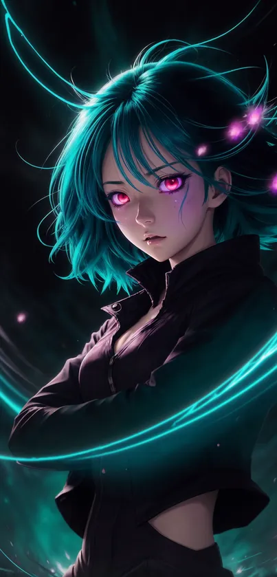 Mystical anime character with teal hair and glowing eyes on a dark backdrop.