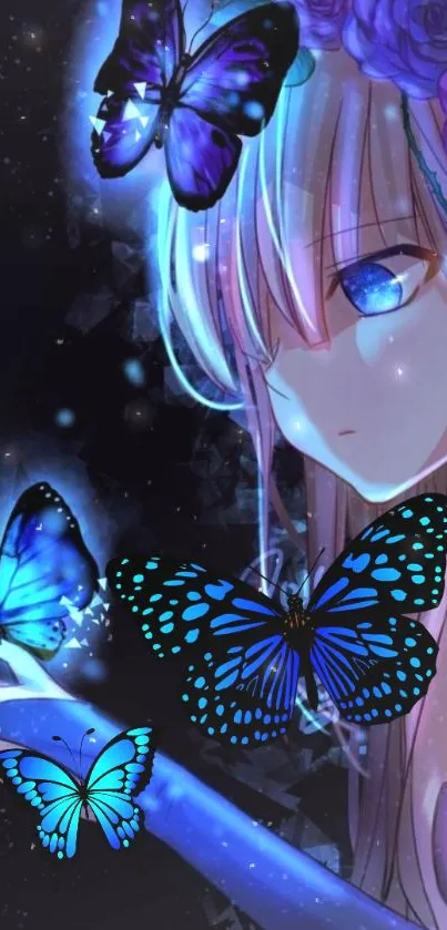 Beautiful anime girl with glowing blue butterflies.