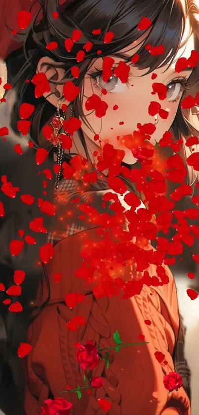 Anime girl with red petals blooming.