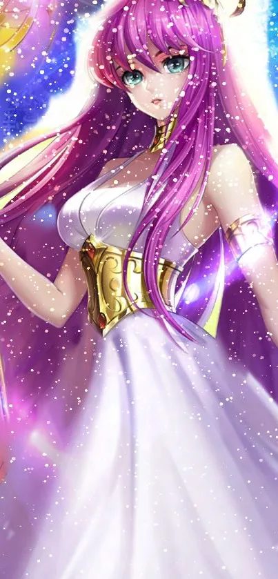 Anime goddess in white and gold outfit with mystical aura and vibrant colors.