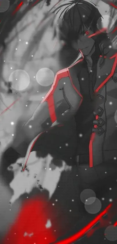 Mysterious anime hero with striking red accents in grayscale wallpaper.