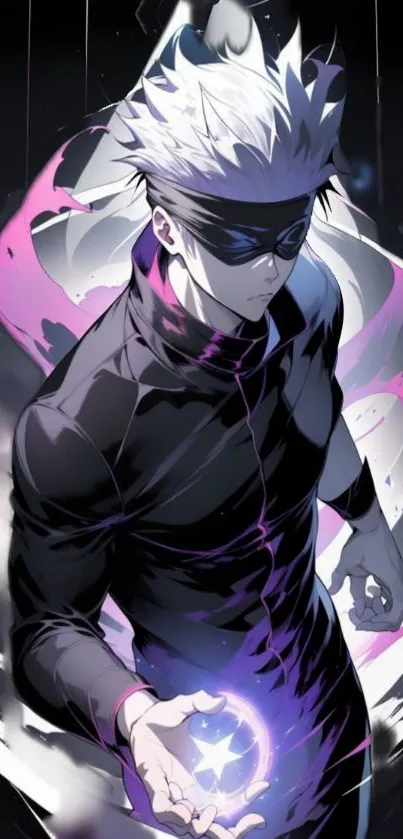 Anime hero with mystical aura and vibrant black, white, and purple colors.