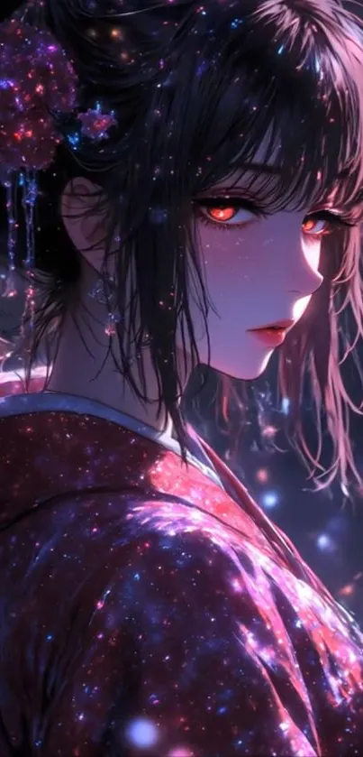 Anime character in a vibrant kimono with a dark mystical background.