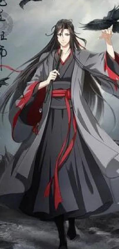 Anime character robed in dark grey with crows in a mystical landscape.