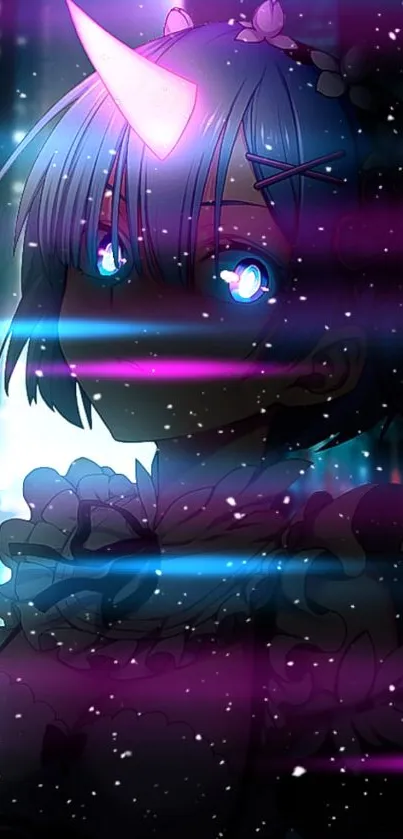 Mystical anime character with glowing eyes in purple hues for mobile wallpaper.