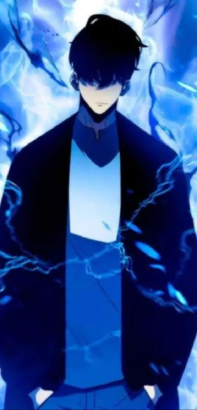 Anime character surrounded by blue lightning, creating a mystical phone wallpaper.