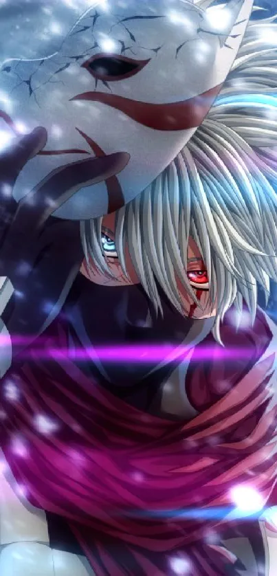 Anime character with white mask and red eyes in mystical setting.