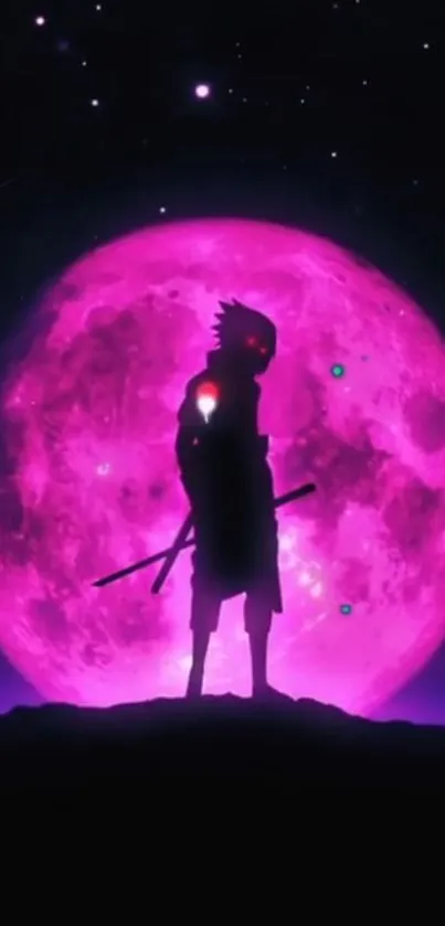 Anime silhouette against a pink moon at night.