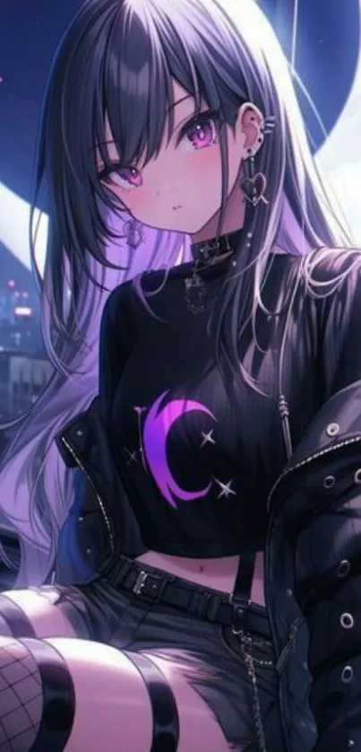 Anime character under the moonlight in dark gothic attire.