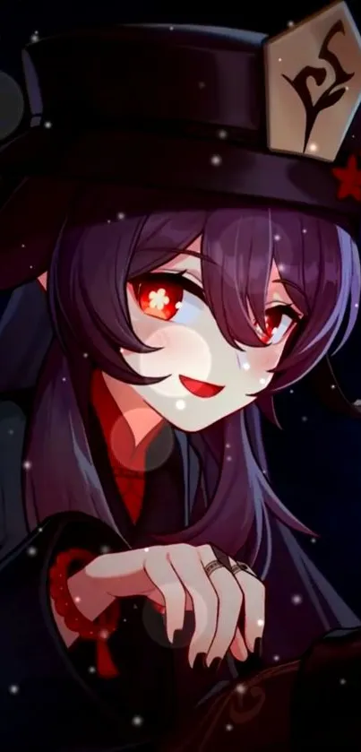 Anime character with glowing red eyes at night.