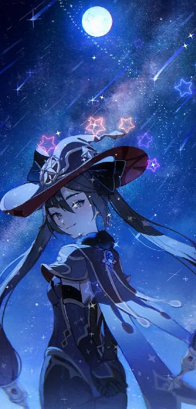 Anime character under a starry night sky with mystical blue tones.