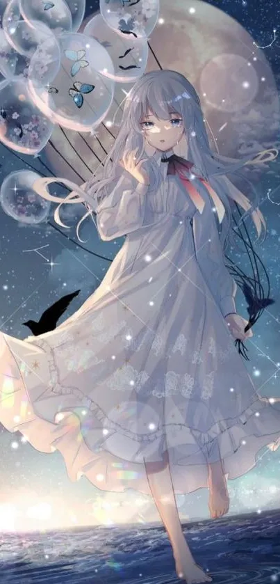 Anime girl floating with balloons in a moonlit night sky.