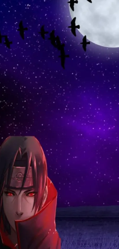 Anime character with red eyes under a purple night sky with a full moon.