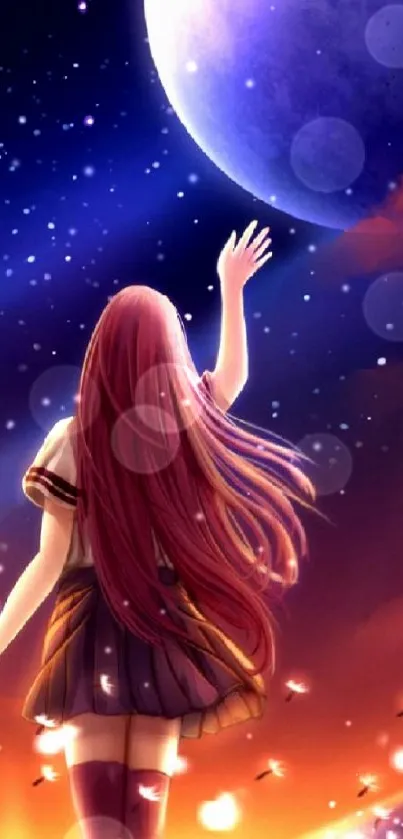 Anime girl reaching for the glowing moon under a starry night sky.