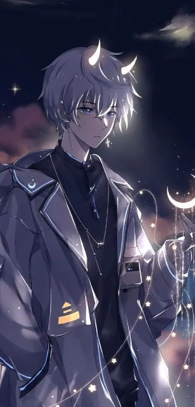 Anime character in mystical night scene with stars and crescent moon.