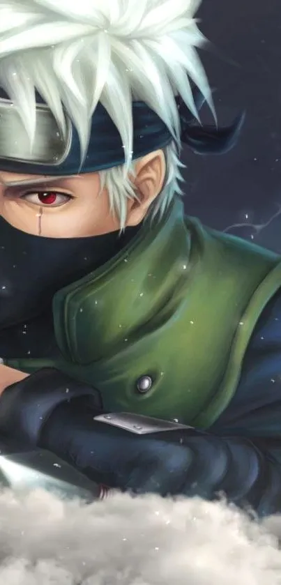 Mystical anime ninja with dark green and striking eyes.