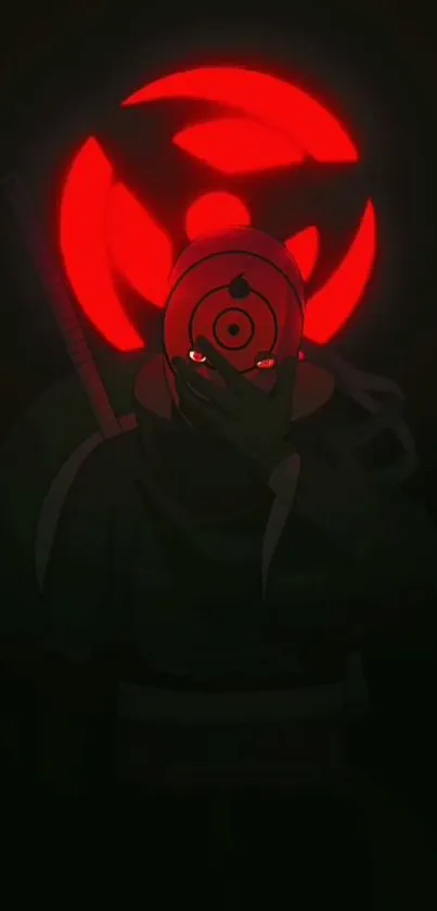 Mysterious anime ninja in shadows with vivid red symbol.