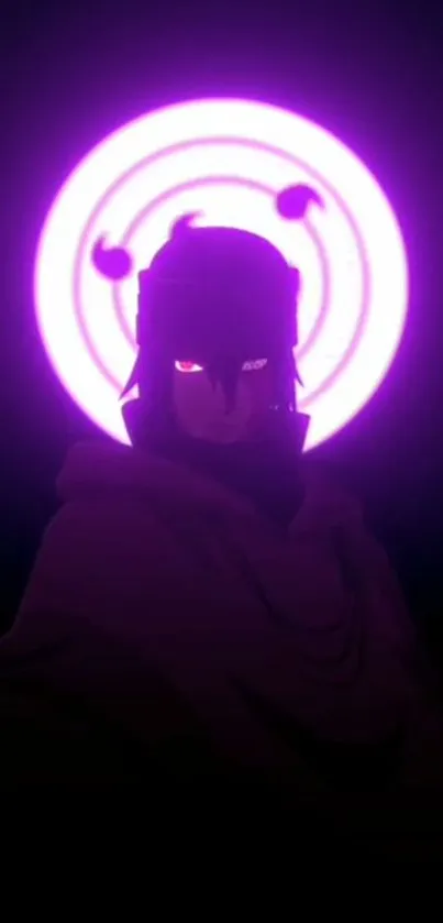 Mystical anime figure with glowing purple halo and red eyes on a dark backdrop.