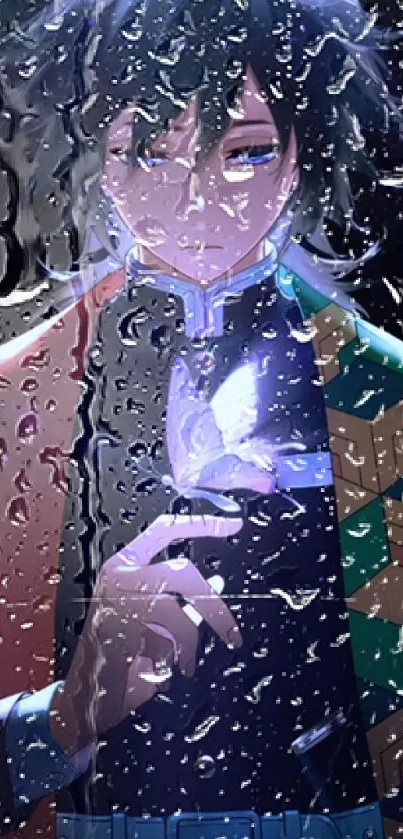 Anime character behind rain-splattered glass holding a glowing light.