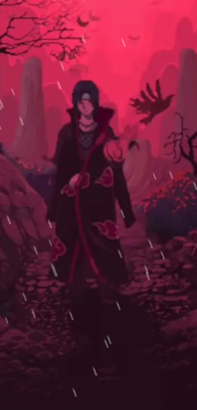 Anime character in a mystical, red-hued rain scene with dark landscape.