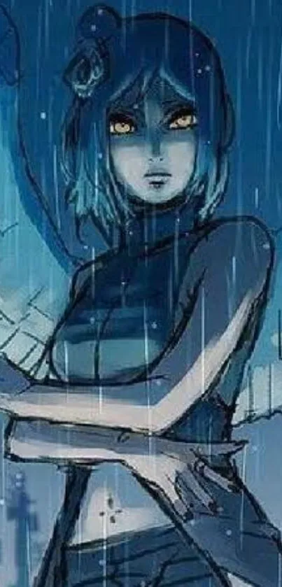 Anime character in rain, blue-tinted, mysterious night scene.