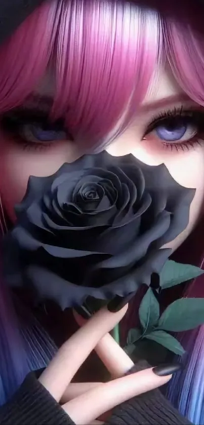 Anime character with pink hair holding a black rose.