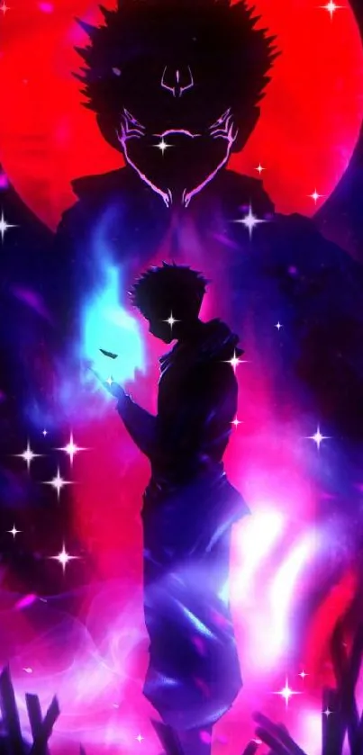 Anime silhouette with a red and blue neon glow.