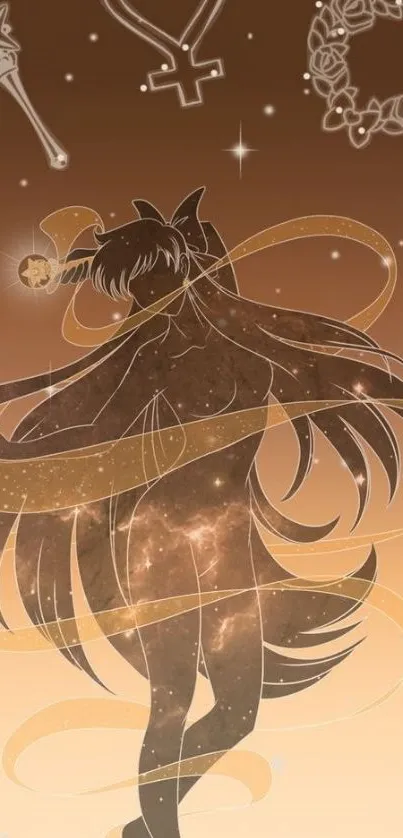 Anime silhouette with mystical stars on a brown background.