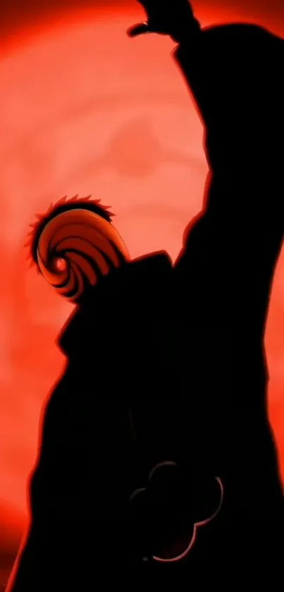 Silhouette of an anime character in front of a striking red background.