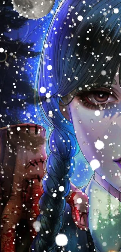 Anime character with blue hair in a snowy scene.