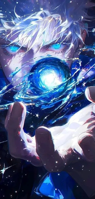 Anime character channeling cosmic energy in a vibrant blue scene.