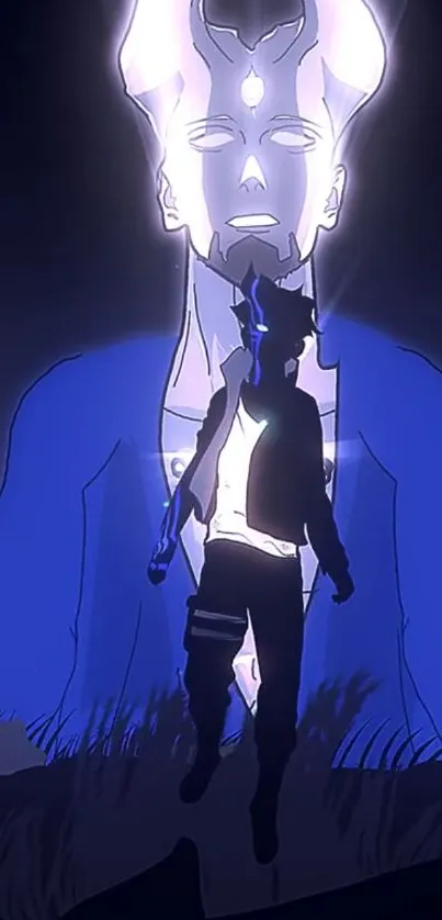 Anime character with mystical spirit glowing in blue light.